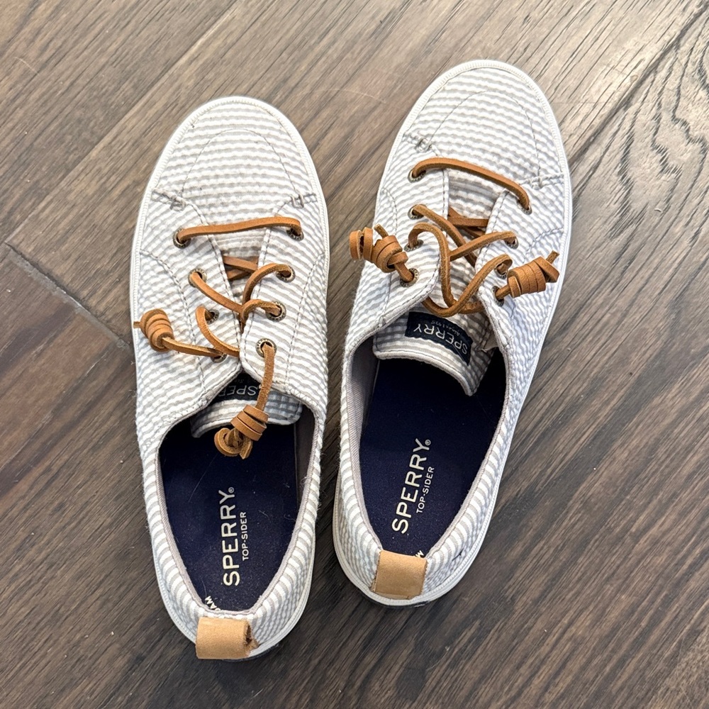 Sperry Striped White and Tan Boat Shoes
